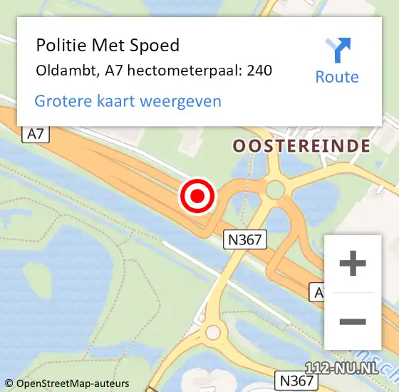 Locatie op kaart van de 112 melding: Politie Met Spoed Naar Oldambt, A7 hectometerpaal: 240 op 28 juli 2022 22:58