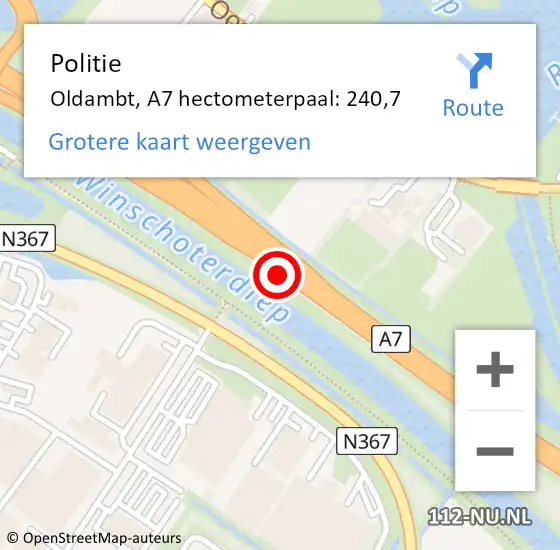Locatie op kaart van de 112 melding: Politie Oldambt, A7 hectometerpaal: 240,7 op 28 juli 2022 23:57
