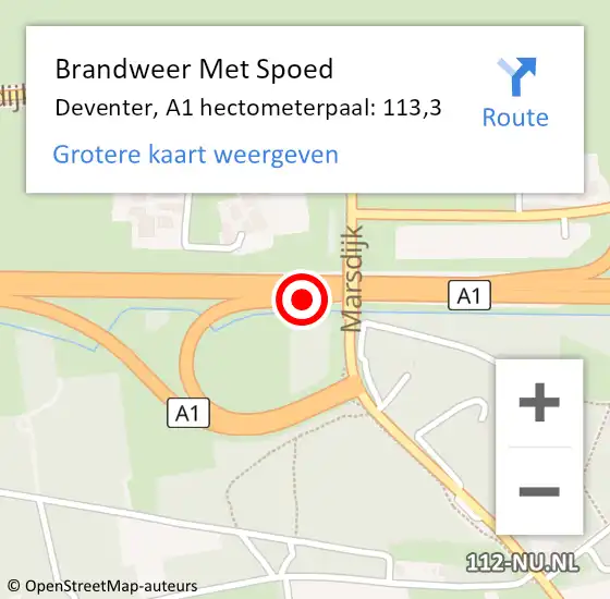 Locatie op kaart van de 112 melding: Brandweer Met Spoed Naar Deventer, A1 hectometerpaal: 113,3 op 29 juli 2022 02:04
