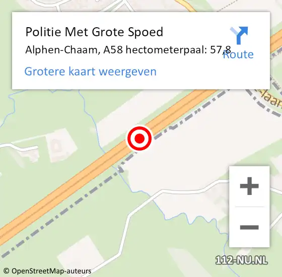 Locatie op kaart van de 112 melding: Politie Met Grote Spoed Naar Alphen-Chaam, A58 hectometerpaal: 57,8 op 29 juli 2022 11:16