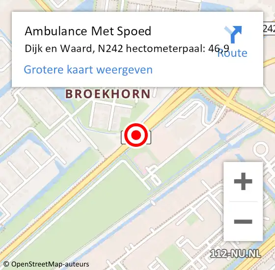 Locatie op kaart van de 112 melding: Ambulance Met Spoed Naar Heerhugowaard, N242 hectometerpaal: 46,9 op 29 juli 2022 15:14
