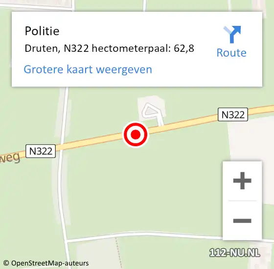 Locatie op kaart van de 112 melding: Politie Druten, N322 hectometerpaal: 62,8 op 29 juli 2022 18:44