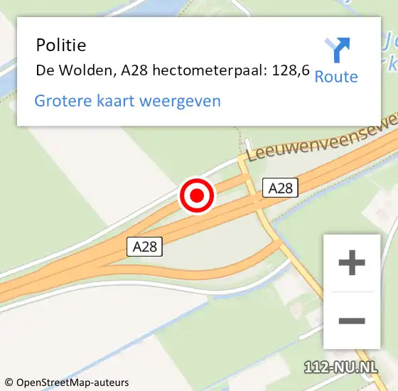 Locatie op kaart van de 112 melding: Politie De Wolden, A28 hectometerpaal: 128,6 op 29 juli 2022 19:33