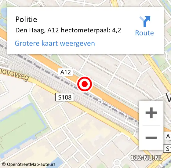 Locatie op kaart van de 112 melding: Politie Den Haag, A12 hectometerpaal: 4,2 op 29 juli 2022 20:58