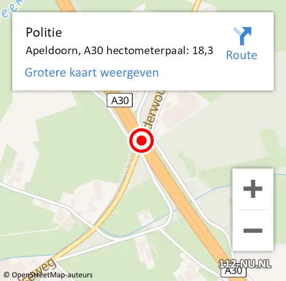 Locatie op kaart van de 112 melding: Politie Apeldoorn, A30 hectometerpaal: 18,3 op 30 juli 2022 01:55