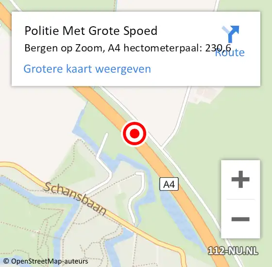 Locatie op kaart van de 112 melding: Politie Met Grote Spoed Naar Bergen op Zoom, A4 hectometerpaal: 230,6 op 30 juli 2022 16:16