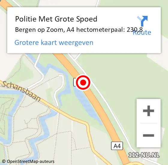 Locatie op kaart van de 112 melding: Politie Met Grote Spoed Naar Bergen op Zoom, A4 hectometerpaal: 230,8 op 30 juli 2022 16:18