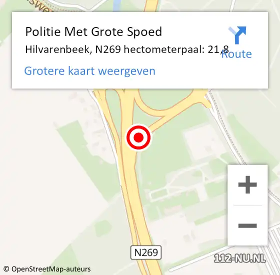 Locatie op kaart van de 112 melding: Politie Met Grote Spoed Naar Hilvarenbeek, N269 hectometerpaal: 21,8 op 31 juli 2022 05:05