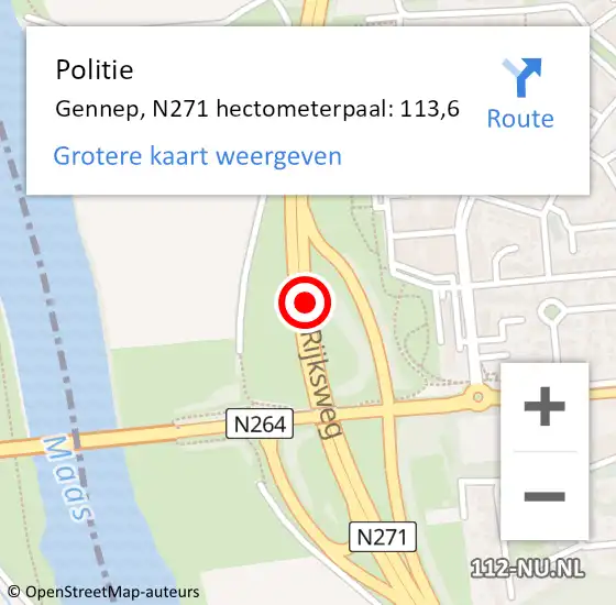 Locatie op kaart van de 112 melding: Politie Gennep, N271 hectometerpaal: 113,6 op 31 juli 2022 13:52