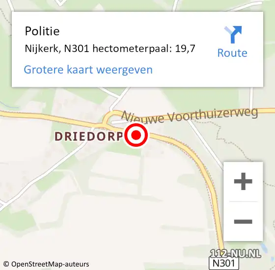 Locatie op kaart van de 112 melding: Politie Nijkerk, N301 hectometerpaal: 19,7 op 1 augustus 2022 03:05