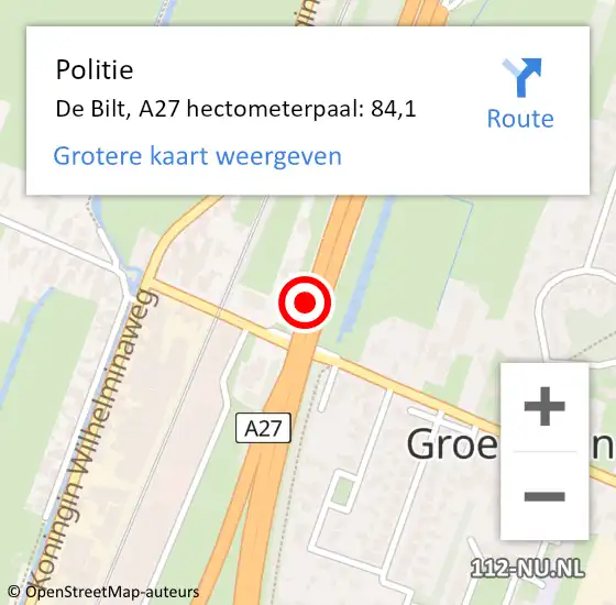 Locatie op kaart van de 112 melding: Politie De Bilt, A27 hectometerpaal: 84,1 op 1 augustus 2022 09:04