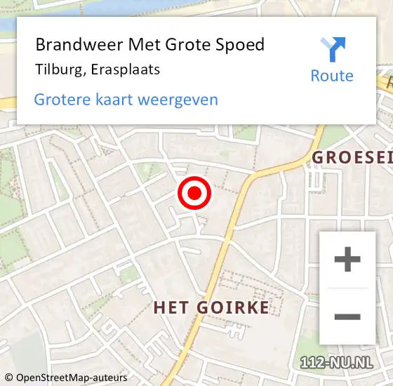 Locatie op kaart van de 112 melding: Brandweer Met Grote Spoed Naar Tilburg, Erasplaats op 1 augustus 2022 12:37