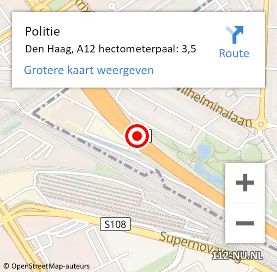 Locatie op kaart van de 112 melding: Politie Den Haag, A12 hectometerpaal: 3,5 op 1 augustus 2022 13:21