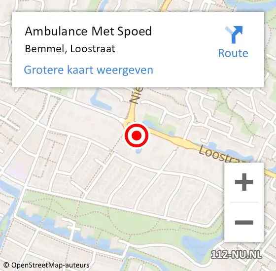 Locatie op kaart van de 112 melding: Ambulance Met Spoed Naar Bemmel, Loostraat op 1 augustus 2022 16:21