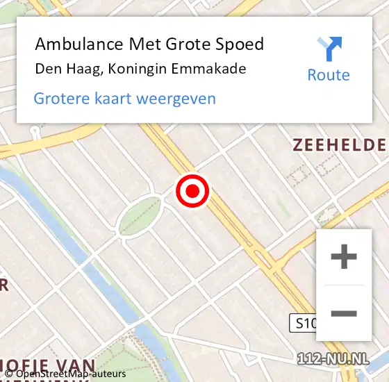 Locatie op kaart van de 112 melding: Ambulance Met Grote Spoed Naar Den Haag, Koningin Emmakade op 1 augustus 2022 19:30