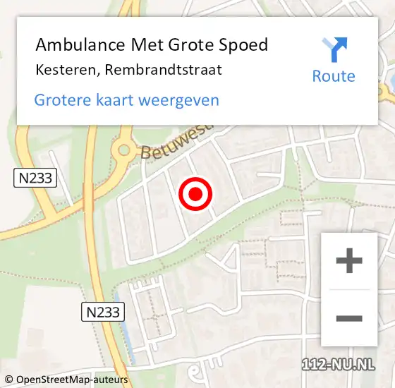 Locatie op kaart van de 112 melding: Ambulance Met Grote Spoed Naar Kesteren, Rembrandtstraat op 1 augustus 2022 20:55