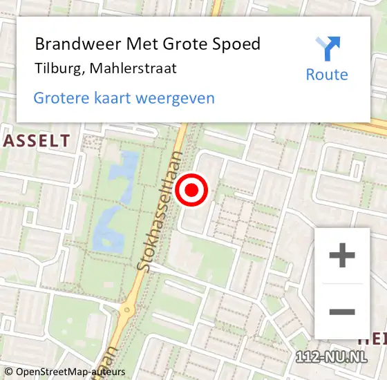 Locatie op kaart van de 112 melding: Brandweer Met Grote Spoed Naar Tilburg, Mahlerstraat op 1 augustus 2022 22:45