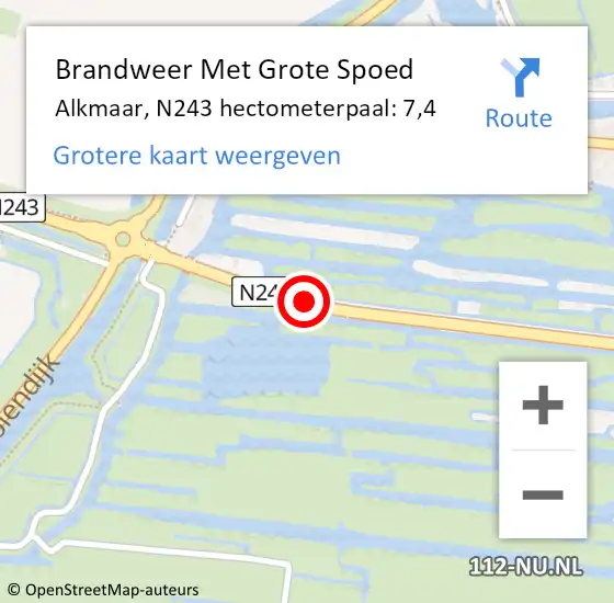 Locatie op kaart van de 112 melding: Brandweer Met Grote Spoed Naar Alkmaar, N243 hectometerpaal: 7,4 op 2 augustus 2022 08:53