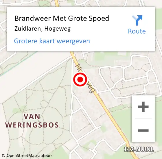 Locatie op kaart van de 112 melding: Brandweer Met Grote Spoed Naar Zuidlaren, Hogeweg op 2 augustus 2022 11:16
