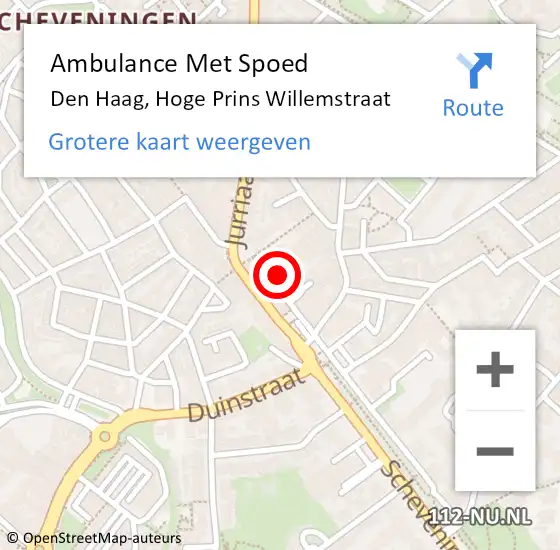Locatie op kaart van de 112 melding: Ambulance Met Spoed Naar Den Haag, Hoge Prins Willemstraat op 2 augustus 2022 11:44