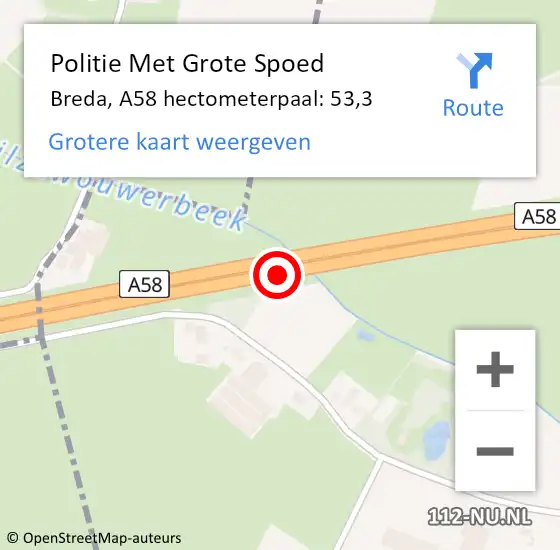 Locatie op kaart van de 112 melding: Politie Met Grote Spoed Naar Breda, A58 hectometerpaal: 53,3 op 2 augustus 2022 14:58