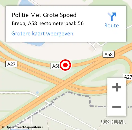 Locatie op kaart van de 112 melding: Politie Met Grote Spoed Naar Breda, A58 hectometerpaal: 56 op 2 augustus 2022 16:26
