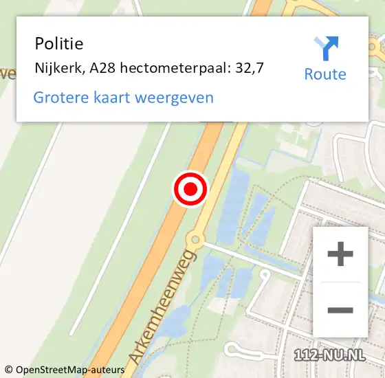Locatie op kaart van de 112 melding: Politie Nijkerk, A28 hectometerpaal: 32,7 op 3 augustus 2022 03:32