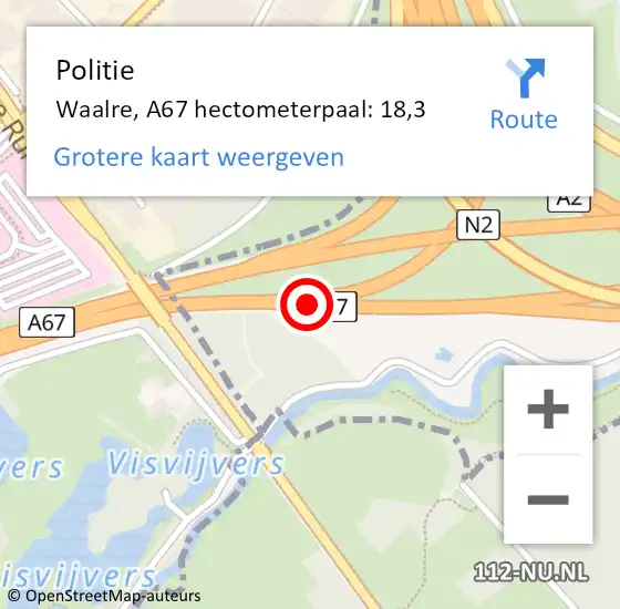 Locatie op kaart van de 112 melding: Politie Waalre, A67 hectometerpaal: 18,3 op 3 augustus 2022 10:44