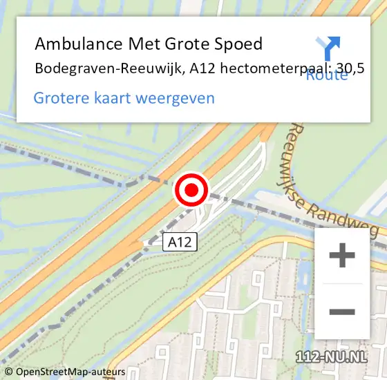 Locatie op kaart van de 112 melding: Ambulance Met Grote Spoed Naar Bodegraven-Reeuwijk, A12 hectometerpaal: 30,5 op 3 augustus 2022 10:49