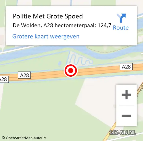 Locatie op kaart van de 112 melding: Politie Met Grote Spoed Naar De Wolden, A28 hectometerpaal: 124,7 op 3 augustus 2022 17:04