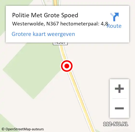 Locatie op kaart van de 112 melding: Politie Met Grote Spoed Naar Westerwolde, N367 hectometerpaal: 4,8 op 4 augustus 2022 13:42