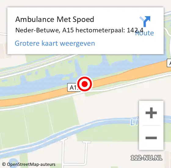Locatie op kaart van de 112 melding: Ambulance Met Spoed Naar Neder-Betuwe, A15 hectometerpaal: 142,4 op 4 augustus 2022 14:29