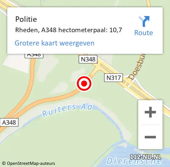 Locatie op kaart van de 112 melding: Politie Rheden, A348 hectometerpaal: 10,7 op 4 augustus 2022 18:33