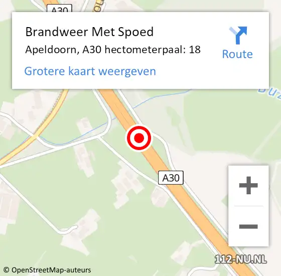 Locatie op kaart van de 112 melding: Brandweer Met Spoed Naar Apeldoorn, A30 hectometerpaal: 18 op 4 augustus 2022 20:47