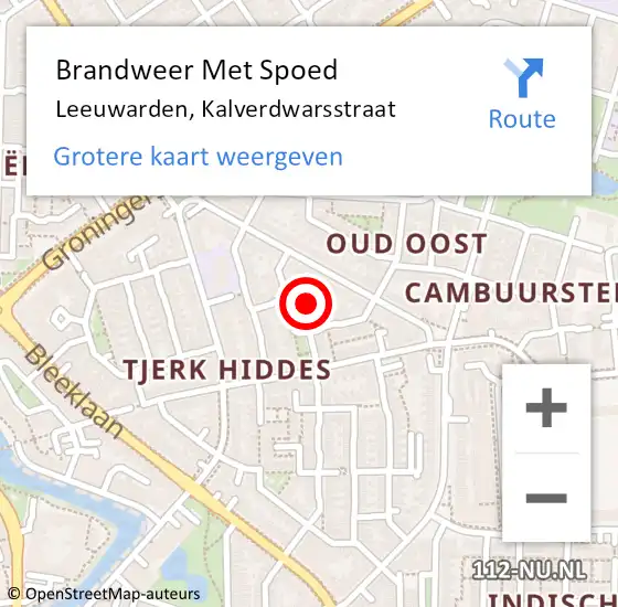 Locatie op kaart van de 112 melding: Brandweer Met Spoed Naar Leeuwarden, Kalverdwarsstraat op 4 augustus 2022 21:19