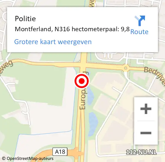 Locatie op kaart van de 112 melding: Politie Montferland, N316 hectometerpaal: 9,8 op 5 augustus 2022 04:17