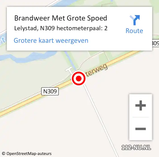 Locatie op kaart van de 112 melding: Brandweer Met Grote Spoed Naar Lelystad, N309 hectometerpaal: 2 op 5 augustus 2022 06:24