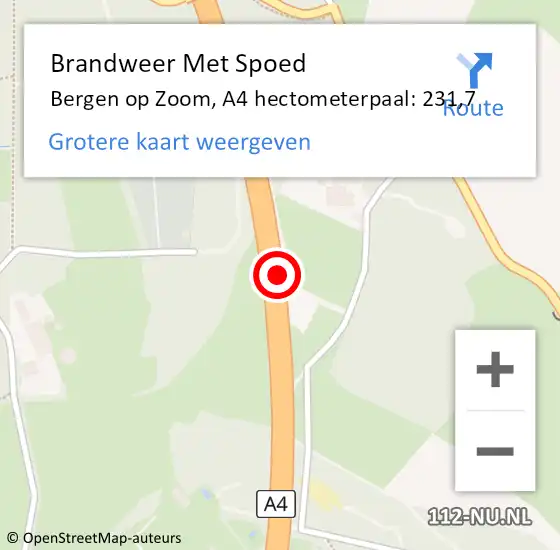 Locatie op kaart van de 112 melding: Brandweer Met Spoed Naar Bergen op Zoom, A4 hectometerpaal: 231,7 op 5 augustus 2022 13:30