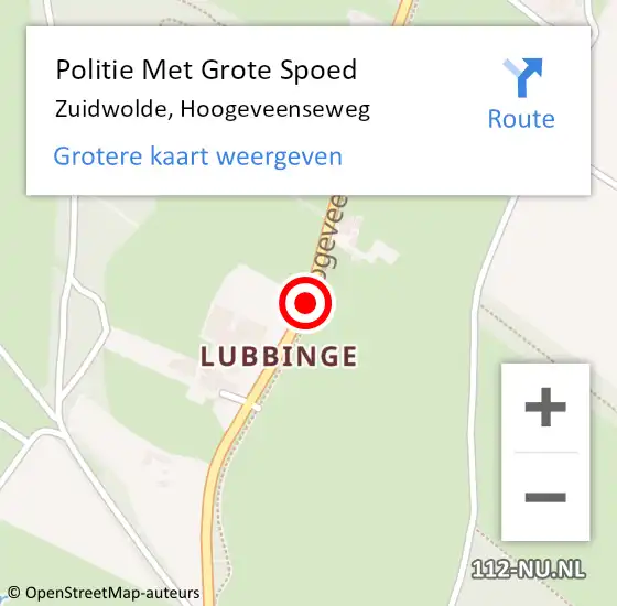 Locatie op kaart van de 112 melding: Politie Met Grote Spoed Naar Zuidwolde, Hoogeveenseweg op 5 augustus 2022 17:09
