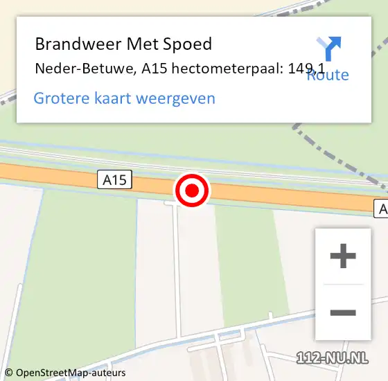 Locatie op kaart van de 112 melding: Brandweer Met Spoed Naar Neder-Betuwe, A15 hectometerpaal: 149,1 op 5 augustus 2022 23:45