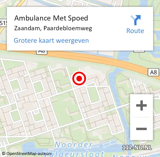 Locatie op kaart van de 112 melding: Ambulance Met Spoed Naar Zaandam, Paardebloemweg op 6 augustus 2022 00:57