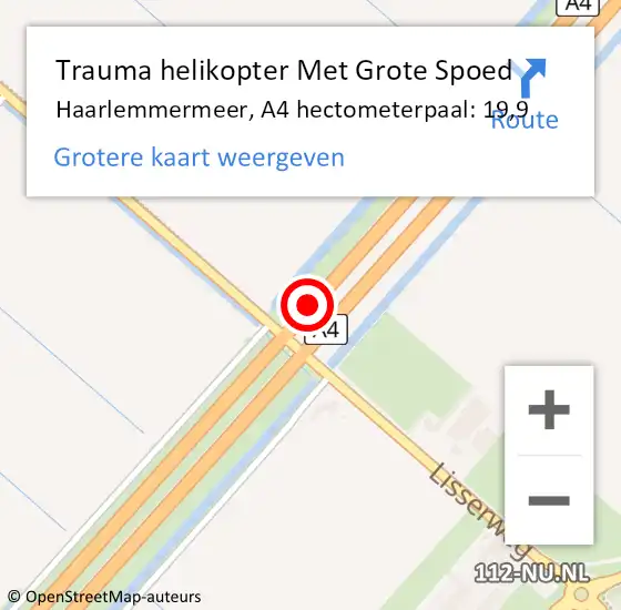 Locatie op kaart van de 112 melding: Trauma helikopter Met Grote Spoed Naar Haarlemmermeer, A4 hectometerpaal: 19,9 op 6 augustus 2022 02:43