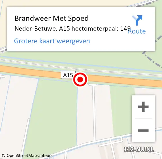 Locatie op kaart van de 112 melding: Brandweer Met Spoed Naar Neder-Betuwe, A15 hectometerpaal: 149 op 6 augustus 2022 08:35