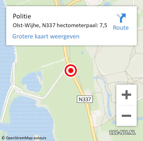 Locatie op kaart van de 112 melding: Politie Olst-Wijhe, N337 hectometerpaal: 7,5 op 6 augustus 2022 15:22