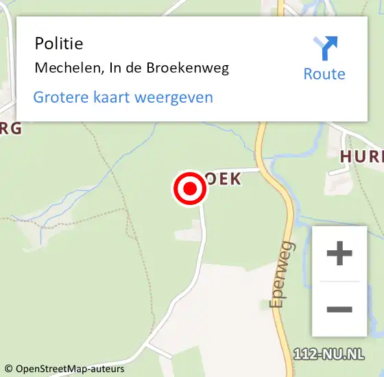 Locatie op kaart van de 112 melding: Politie Mechelen, In de Broekenweg op 6 augustus 2022 16:29