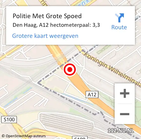 Locatie op kaart van de 112 melding: Politie Met Grote Spoed Naar Den Haag, A12 hectometerpaal: 3,3 op 6 augustus 2022 21:35
