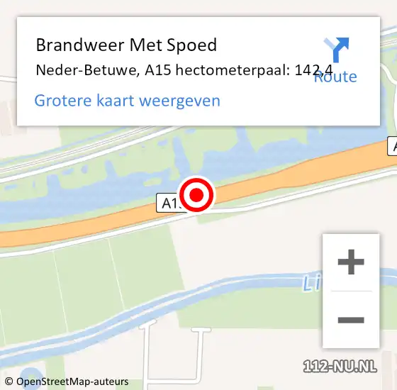 Locatie op kaart van de 112 melding: Brandweer Met Spoed Naar Neder-Betuwe, A15 hectometerpaal: 142,4 op 6 augustus 2022 22:27