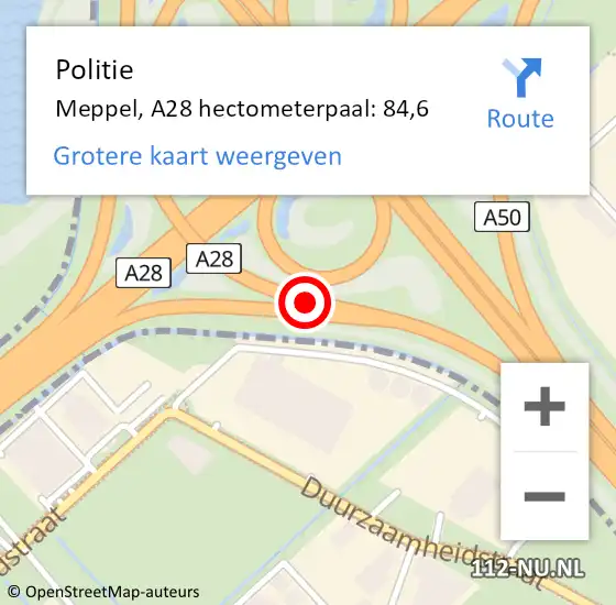 Locatie op kaart van de 112 melding: Politie Meppel, A28 hectometerpaal: 84,6 op 7 augustus 2022 06:23
