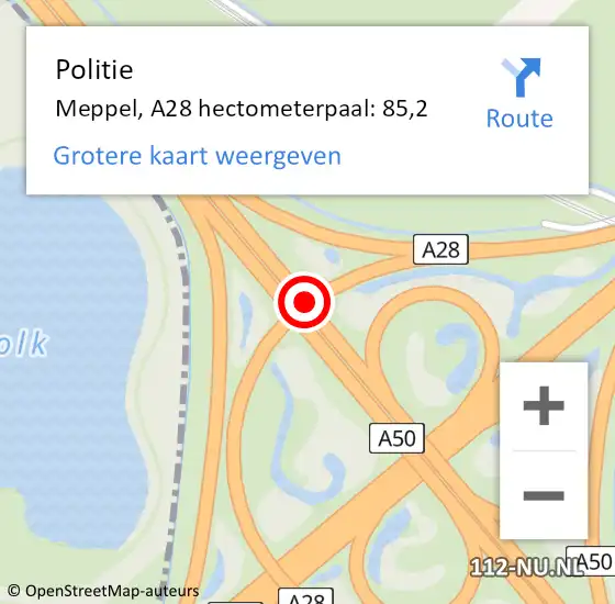 Locatie op kaart van de 112 melding: Politie Meppel, A28 hectometerpaal: 85,2 op 7 augustus 2022 06:23