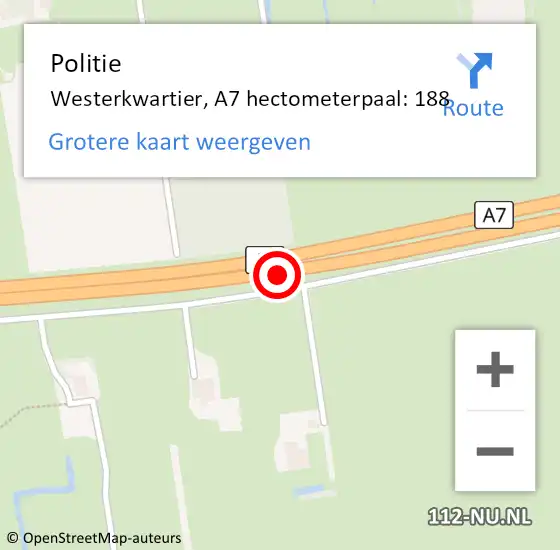 Locatie op kaart van de 112 melding: Politie Westerkwartier, A7 hectometerpaal: 188 op 7 augustus 2022 09:25